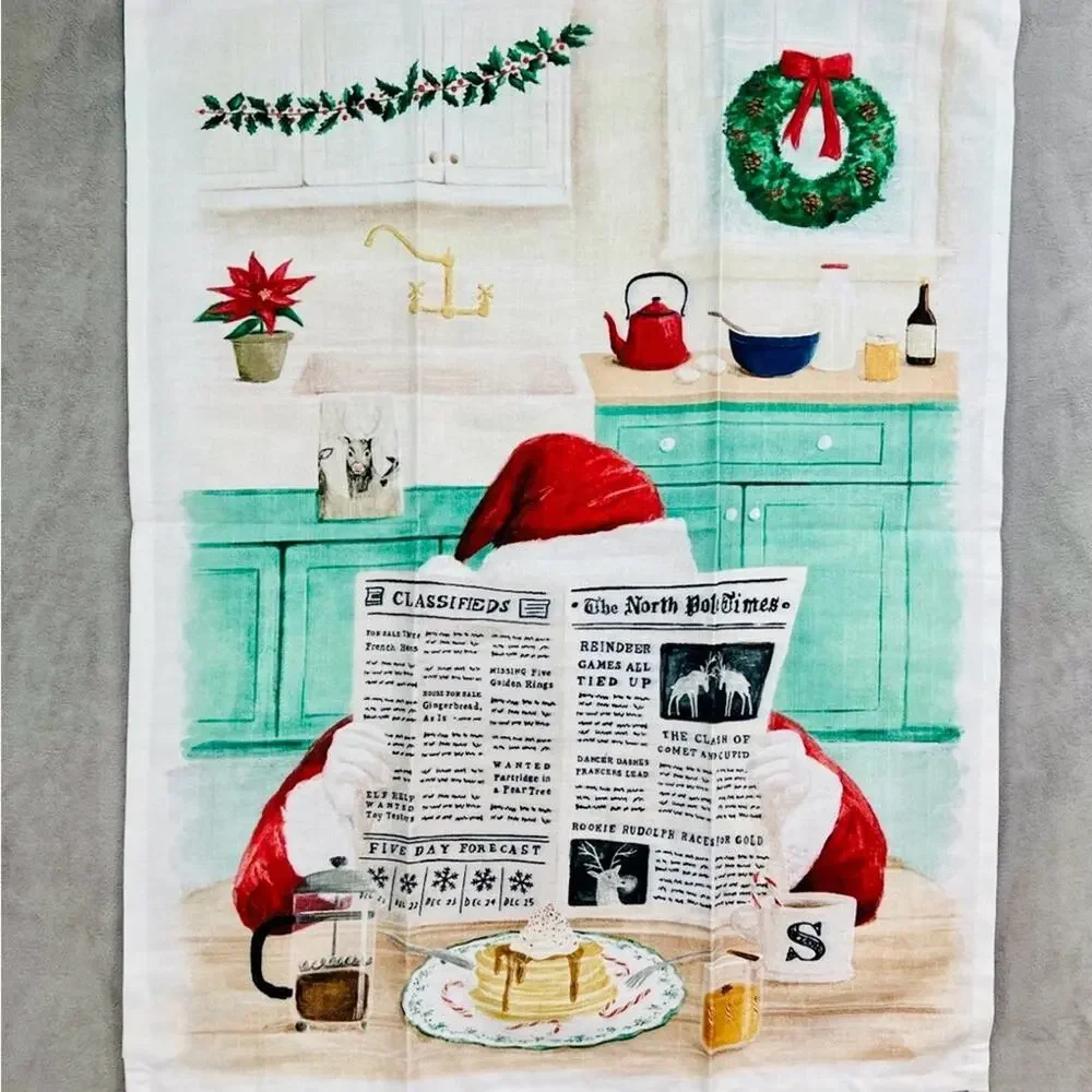 NEW ANTHROPOLOGIE Breakfast With Santa $38 Kitchen Tea Towel Christmas Holiday